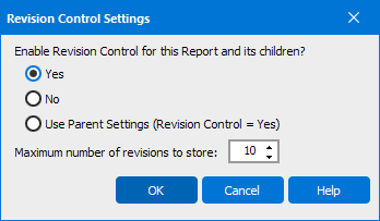 This image shows the Revision Control Settings dialog. Options exist for enabling or disabling Revision control for the object and for specifying the maximum number of revisions to store.